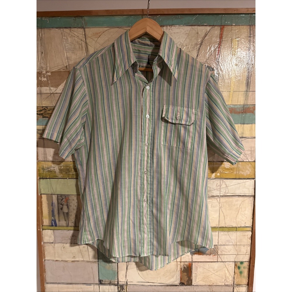 Vintage 70s Striped Short Sleeve Button Up Shirt Dagger Collar Green Mod Disco M